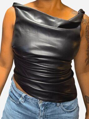 MNG Mango Black Faux Leather Draped Cowl-Neck Tank Top